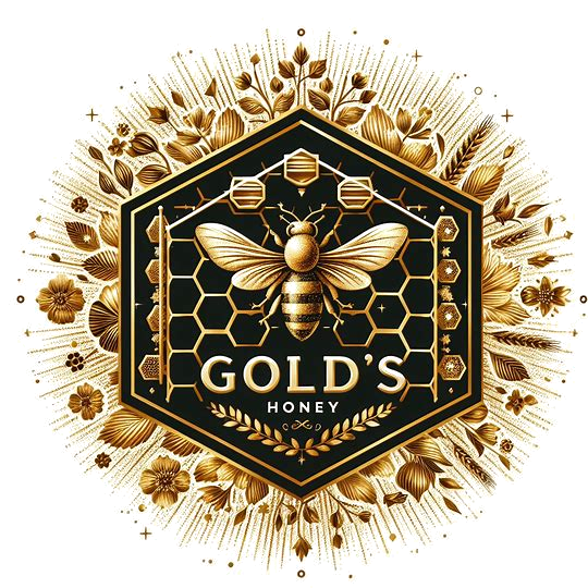 Gold's Honey logo — a golden bee on a honeycomb hexagon, ringed with flowers and wheat