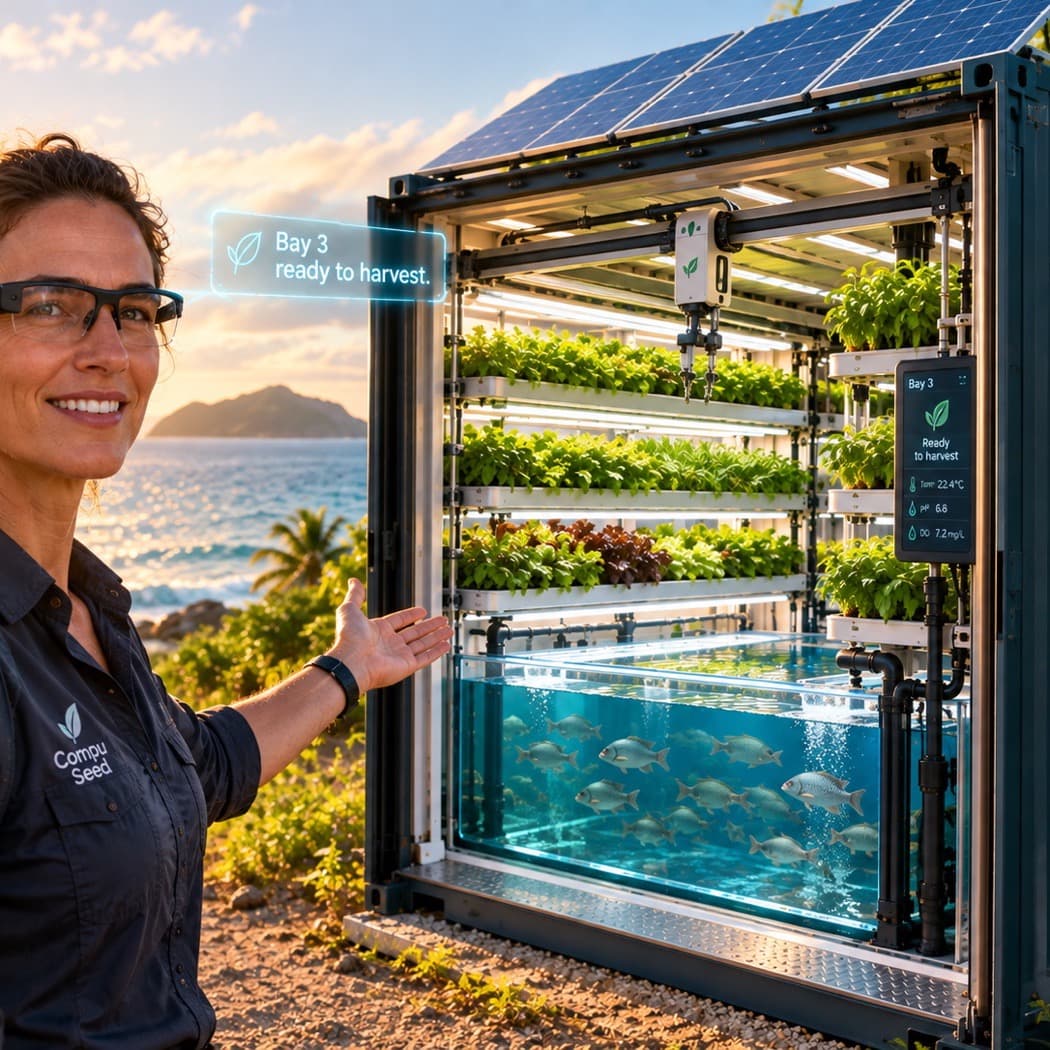 Concept render of a Seed: an open shipping container with a solar roof, stacked grow beds over a fish tank, and a robot gantry